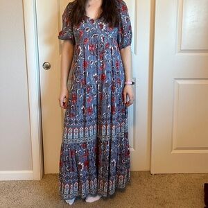 Boho Floral Tiered Maxi Dress in Blue and Red